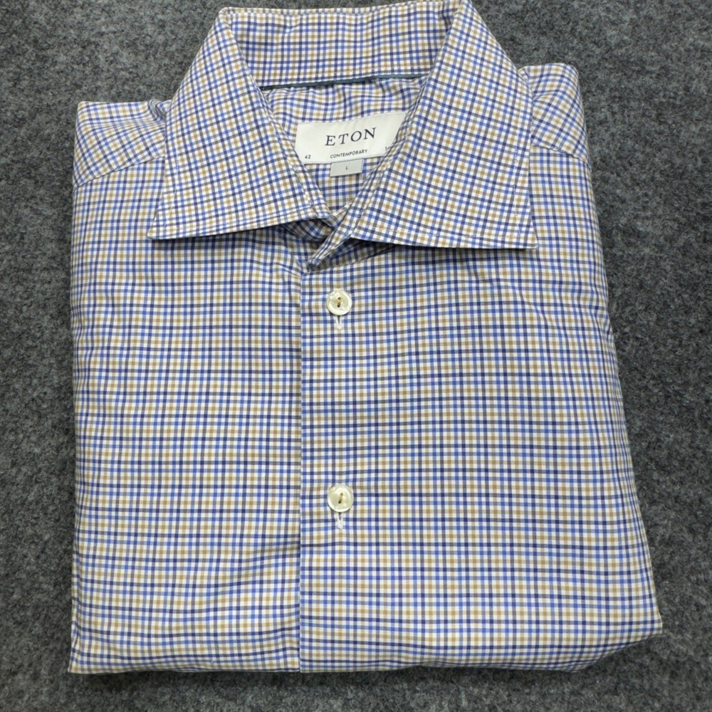 Eton Shirt Mens Large 16.5 Blue Check Contemporary Fit Long Sleeve Dress Twill